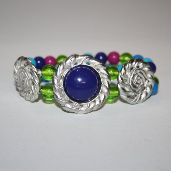 Beautiful silver and colorful beaded Chico's Bracelet with flowers 7" - Picture 1 of 5